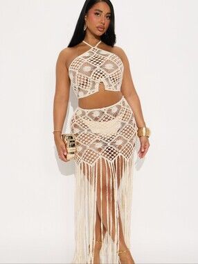 Crochet Halter Two-Piece Maxi Set in Cream